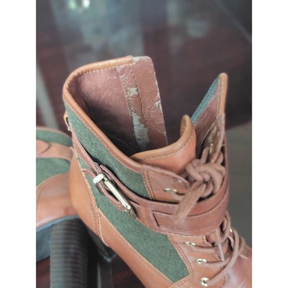 Antonio Melani Garnett Brown Green Leather Lace Up Buckle Zip Heel Boots US 7.5M - Picture 7 of 10